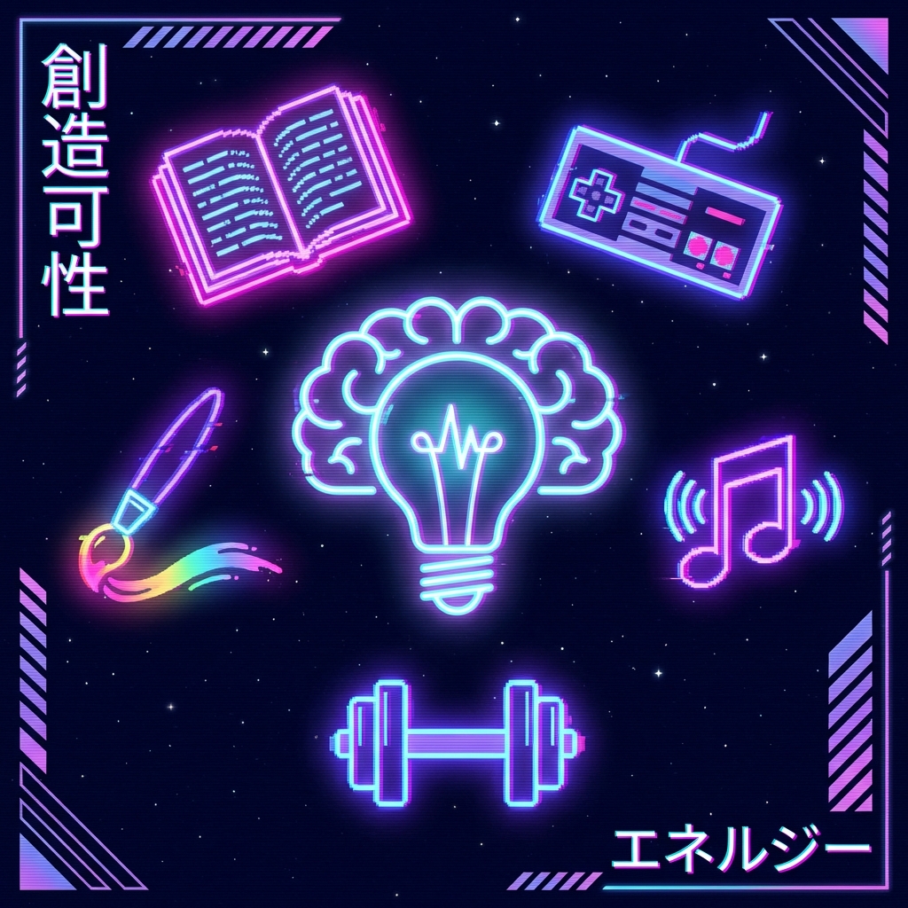 50 idées contre l'ennui : collage d'icônes néon représentant des activités créatives - livre, manette, pinceau, haltère, note de musique autour d'un cerveau lumineux