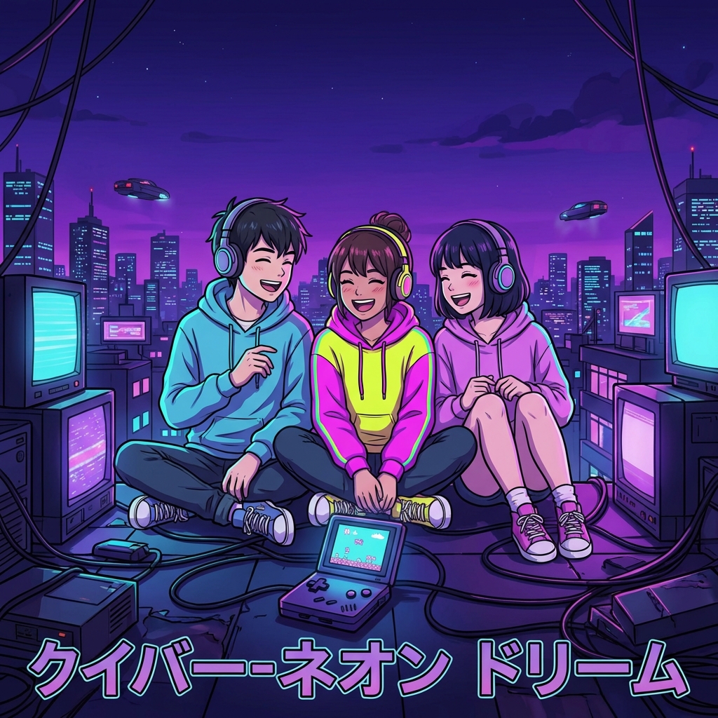 Groupe de trois adolescents riant ensemble sur un toit avec vue sur une ville futuriste