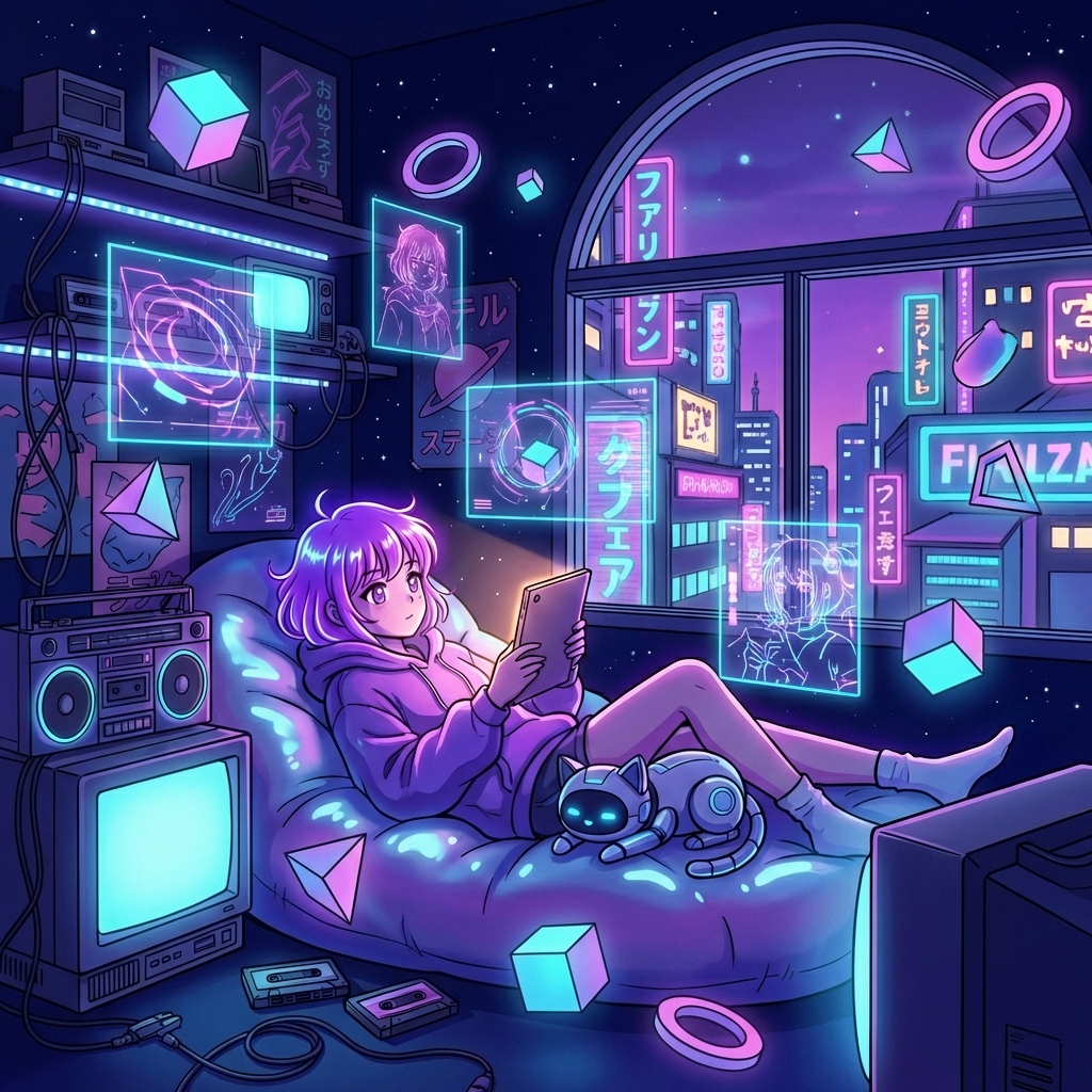 Adolescente créative dessinant sur une tablette dans une chambre cyber-neon avec un chat robot