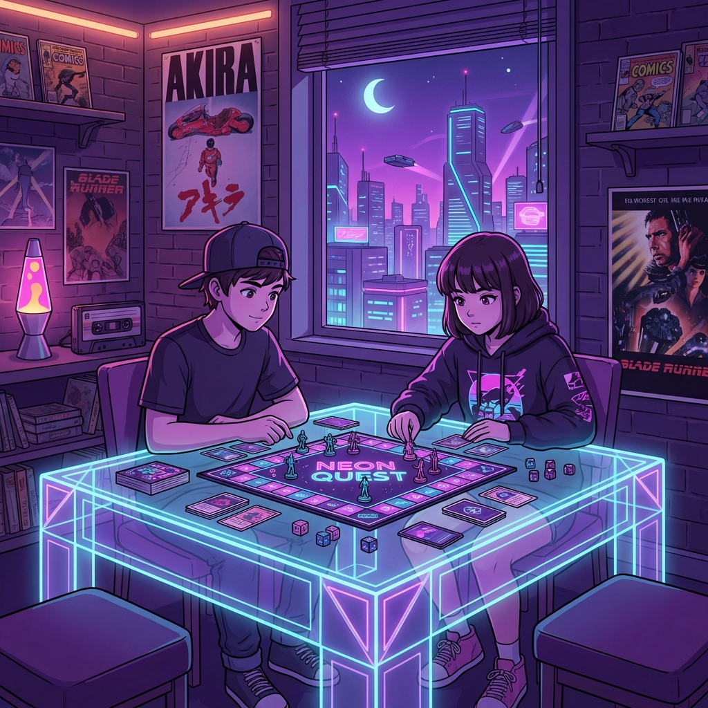Deux adolescents jouant à un jeu de société sur une table néon dans une chambre rétro