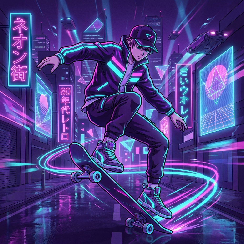 Adolescent faisant du skateboard dans une rue néon futuriste avec des effets de lumière